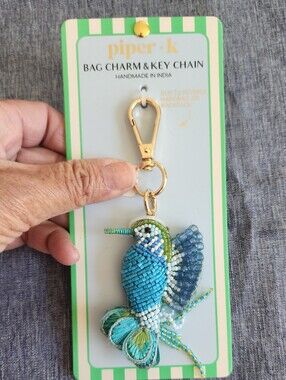 New Piper•K Beaded Hummingbird Bag Charm Key Chain in Teal & Green